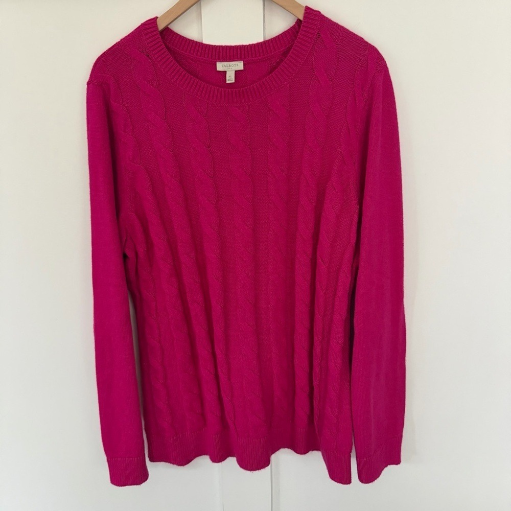 Talbots Women's Sweater‎ Cable Knit Crewneck Hot Pink Cotton Chunky Preppy XL